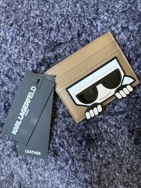 Karl Lagerfeld Tan Pebbled Leather Card Case with Gold Logo